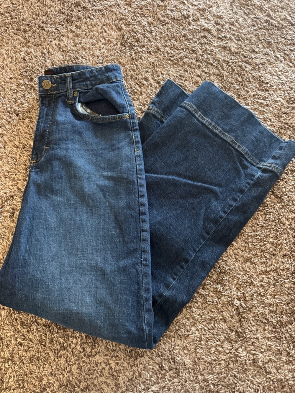 Lee Blue Denim Straight Leg Jeans with Tan Leather Patch